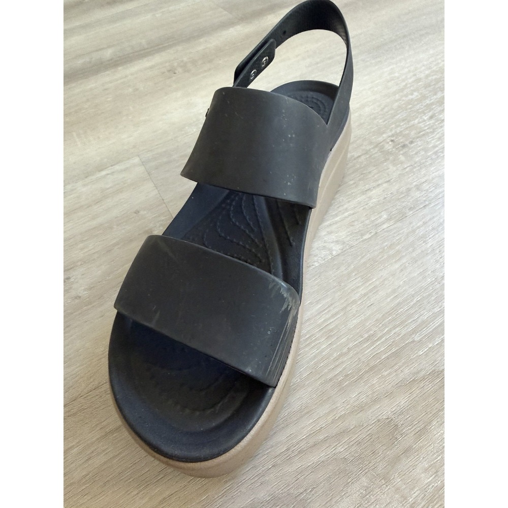 Crocs Brooklyn Sandals 8 Black Tan Comfort Platform Chunky Wedge Slingback - Picture 5 of 10